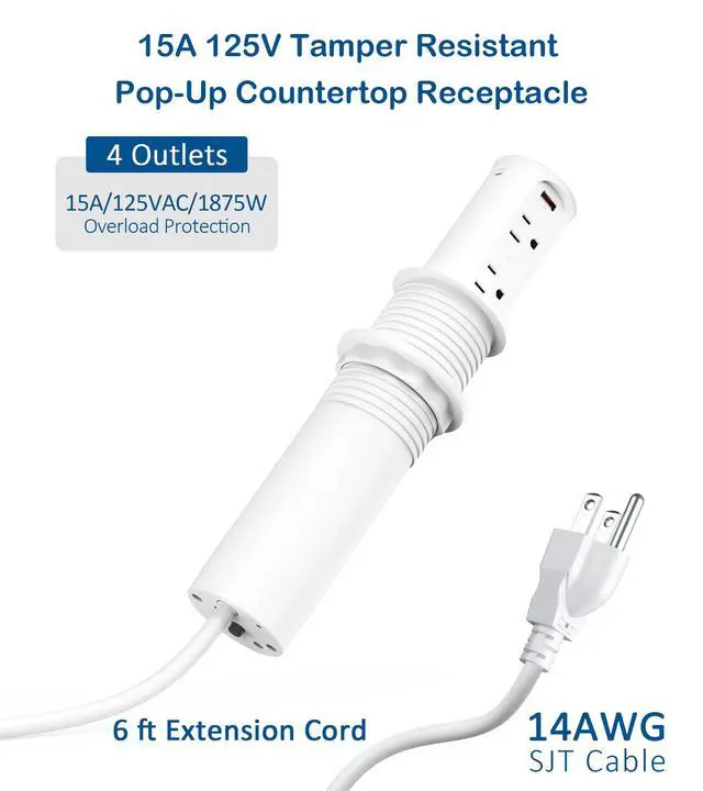Alt view image 5 of 6 - Pop up Outlet for Countertop,2.5-inch Hole Desktop Power Grommet,Recessed Power Strip,20W USB C Fast Charging,4 Outlets 4 USB Ports,15Amp Tamper Resistant Receptacle,White