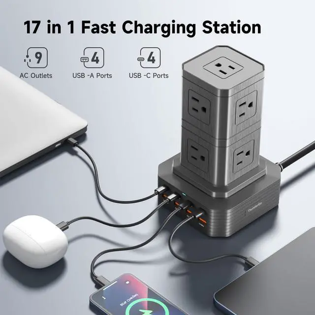 Alt view image 2 of 6 - Charging Station (100W), 17-in-1 USB C Power Strip with Surge Protection, 6.6Ft Extension Cord, 4 USB C and 4 USB A Ports, 9 AC Outlets for Home Office Dorm Room