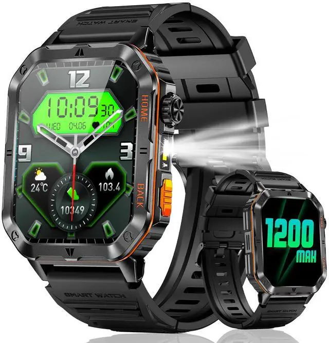 Main image of Military Smart Watch for Men, 2.01 Fitness Tracker with 1200mAh Battery Life, Bluetooth Calling, Flashlight, 5ATM Waterproof, Heart Rate & Sleep Tracking, 110+ Sports Modes for Android & iPhone