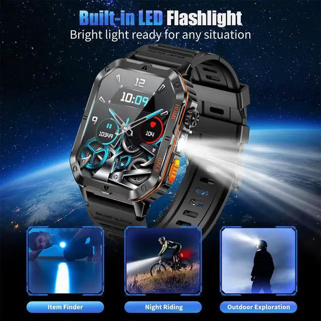 Alt view image 3 of 6 - Military Smart Watch for Men, 2.01 Fitness Tracker with 1200mAh Battery Life, Bluetooth Calling, Flashlight, 5ATM Waterproof, Heart Rate & Sleep Tracking, 110+ Sports Modes for Android & iPhone