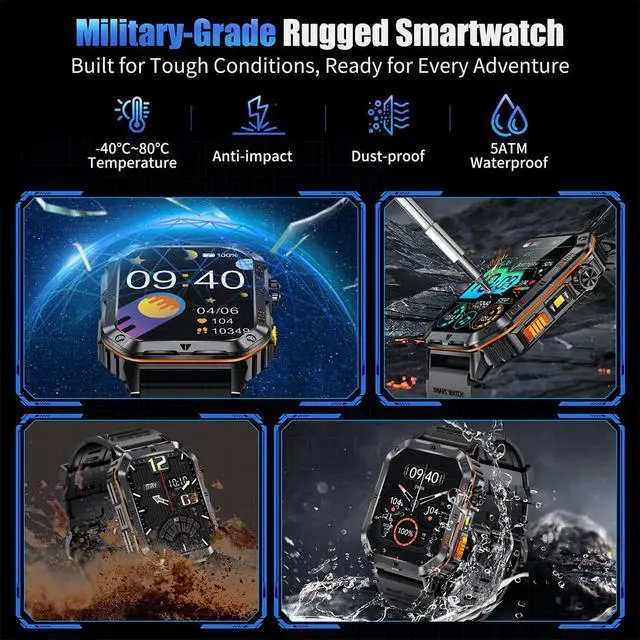 Alt view image 4 of 6 - Military Smart Watch for Men, 2.01 Fitness Tracker with 1200mAh Battery Life, Bluetooth Calling, Flashlight, 5ATM Waterproof, Heart Rate & Sleep Tracking, 110+ Sports Modes for Android & iPhone