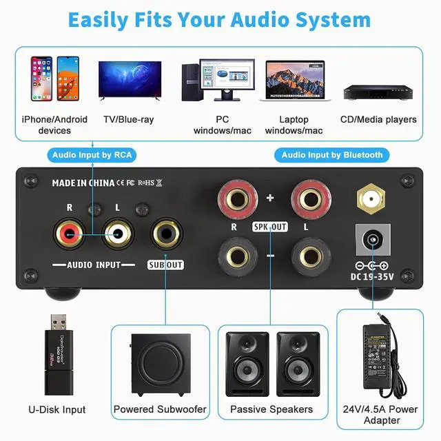 Alt view image 4 of 6 - BL20C Bluetooth 5.0 Stereo Audio Receiver Amplifier 320 Watts 2.1 CH Mini Hi-Fi Class D TDA7498E Integrated Amp U-Disk Player for Home Passive Speakers Powered Subwoofer(with Power Supply)