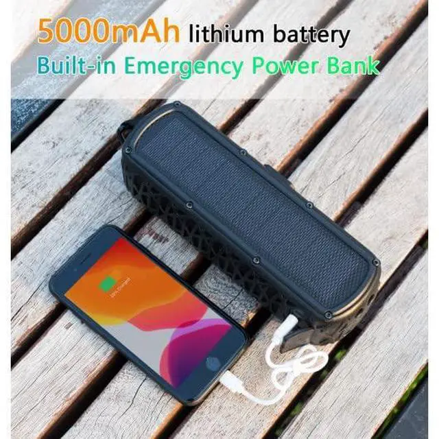 Alt view image 4 of 6 - Solar Bluetooth Speaker 60 Hours Play Time 5000mAh Power Bank Outdoor Portable Wireless Dual Speaker with Mic Stereo Sound Bass, for Home, Hiking, Travel, Riding, Beach, Camping-Black