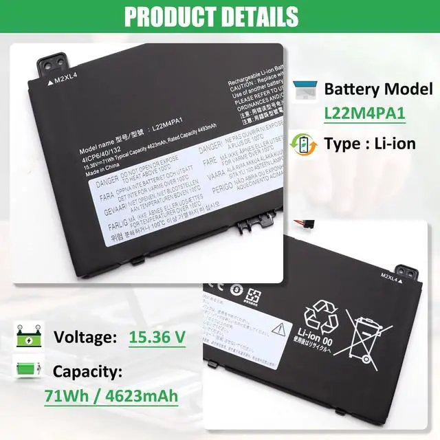 Alt view image 2 of 6 - L22C4PA1 L22M4PA1 Laptop Battery Replacement for Lenovo Yoga 7 14IRL8 14ARP8 16IRL8 16ARP8 Yoga 7 2-in-1 14IML9 14AHP9 16IML9 16AHP9 Series SB11K38964 SB11K38965 SB11K38967 L22D4PA1 71Wh