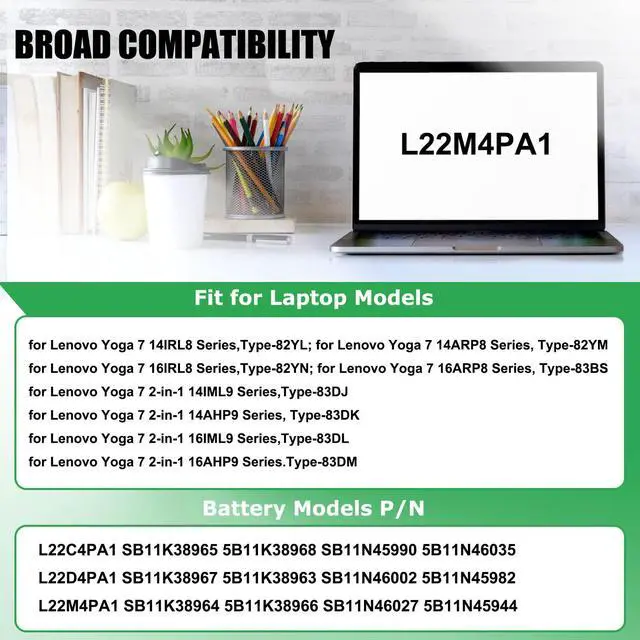 Alt view image 3 of 6 - L22C4PA1 L22M4PA1 Laptop Battery Replacement for Lenovo Yoga 7 14IRL8 14ARP8 16IRL8 16ARP8 Yoga 7 2-in-1 14IML9 14AHP9 16IML9 16AHP9 Series SB11K38964 SB11K38965 SB11K38967 L22D4PA1 71Wh