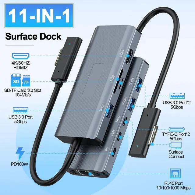 Alt view image 2 of 6 - New Surface Docking Station 11-in-1 Surface Dock 2 4K@60HZ HDMI USB C Travel Dock for Surface Pro 12/11/10/9/8/X/7/6/5/4, Laptop 6/5/4/3/2/1,Laptop Go 3/2/1,Book