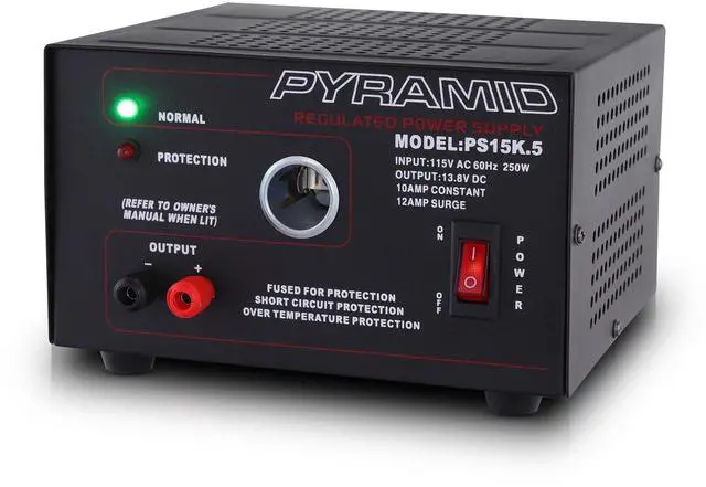 Main image of Pyramid Universal Compact Bench Power Supply - 10 Amp Linear Regulated Home Lab Benchtop AC-to-DC Converter w/ 13.8 Volt DC 115V AC 250W Input, Screw Type Terminal, 12V Car Cigarette Lighter-PS15K.5