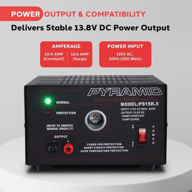 Alt view image 2 of 6 - Pyramid Universal Compact Bench Power Supply - 10 Amp Linear Regulated Home Lab Benchtop AC-to-DC Converter w/ 13.8 Volt DC 115V AC 250W Input, Screw Type Terminal, 12V Car Cigarette Lighter-PS15K.5