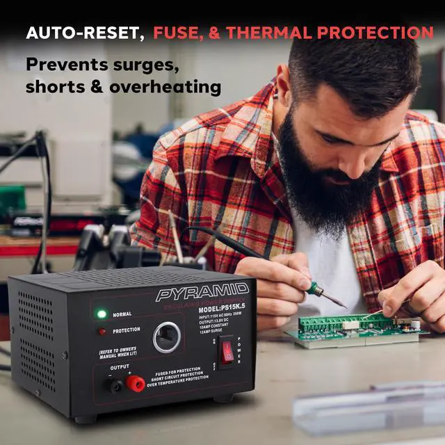 Alt view image 5 of 6 - Pyramid Universal Compact Bench Power Supply - 10 Amp Linear Regulated Home Lab Benchtop AC-to-DC Converter w/ 13.8 Volt DC 115V AC 250W Input, Screw Type Terminal, 12V Car Cigarette Lighter-PS15K.5