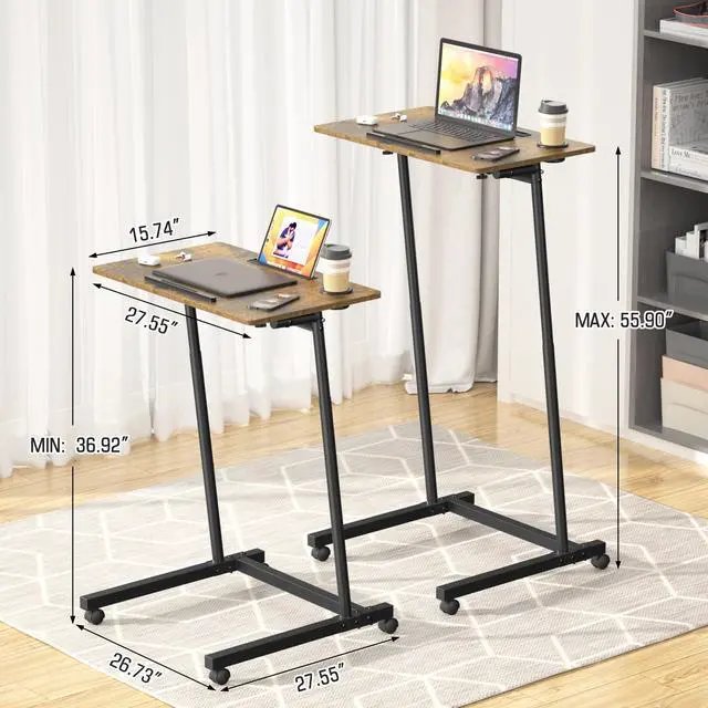 Alt view image 3 of 6 - Treadmill Desk, Mobile Small Standing Desk with Wheels for Walking Pad, Portable Table for Laptop, Rolling Table Adjustable Height, Bedside Table,Brown