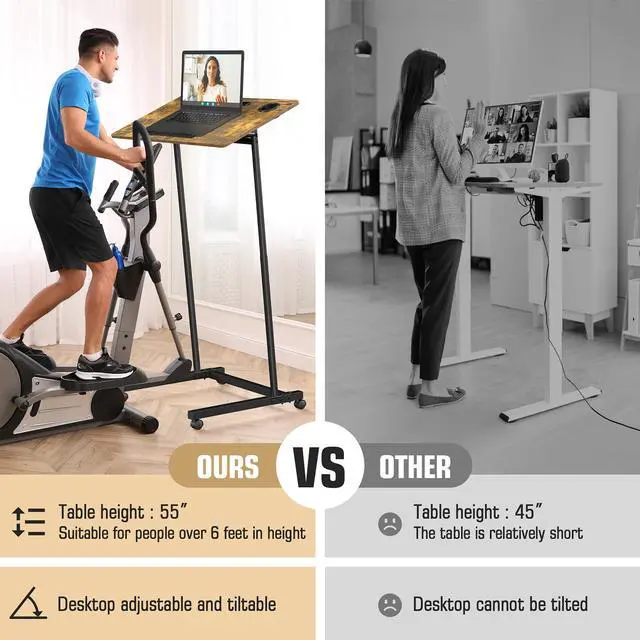 Alt view image 4 of 6 - Treadmill Desk, Mobile Small Standing Desk with Wheels for Walking Pad, Portable Table for Laptop, Rolling Table Adjustable Height, Bedside Table,Brown