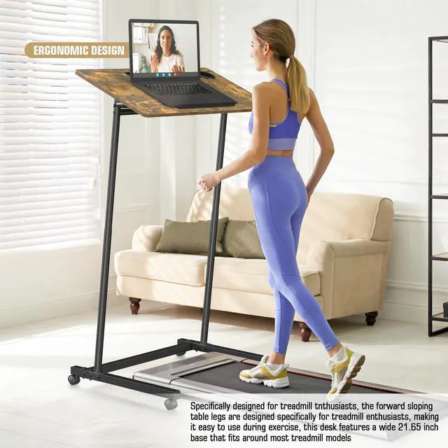 Alt view image 5 of 6 - Treadmill Desk, Mobile Small Standing Desk with Wheels for Walking Pad, Portable Table for Laptop, Rolling Table Adjustable Height, Bedside Table,Brown