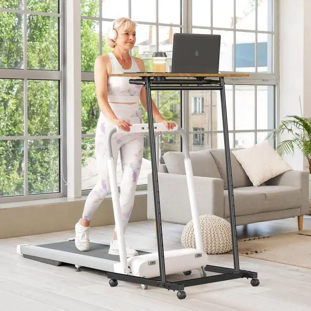 Alt view image 6 of 6 - Treadmill Desk, Mobile Small Standing Desk with Wheels for Walking Pad, Portable Table for Laptop, Rolling Table Adjustable Height, Bedside Table,Brown