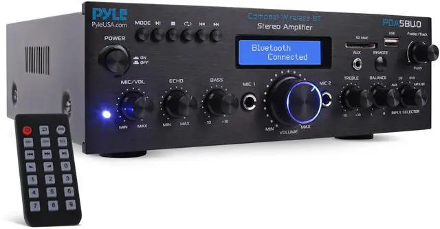 Main image of 200W Audio Stereo Receiver - Wireless Bluetooth Power Amplifier Home Entertainment System w/ AUX in, USB Port, 2 Karaoke Microphone Input, Remote, Black - PDA5BU.0