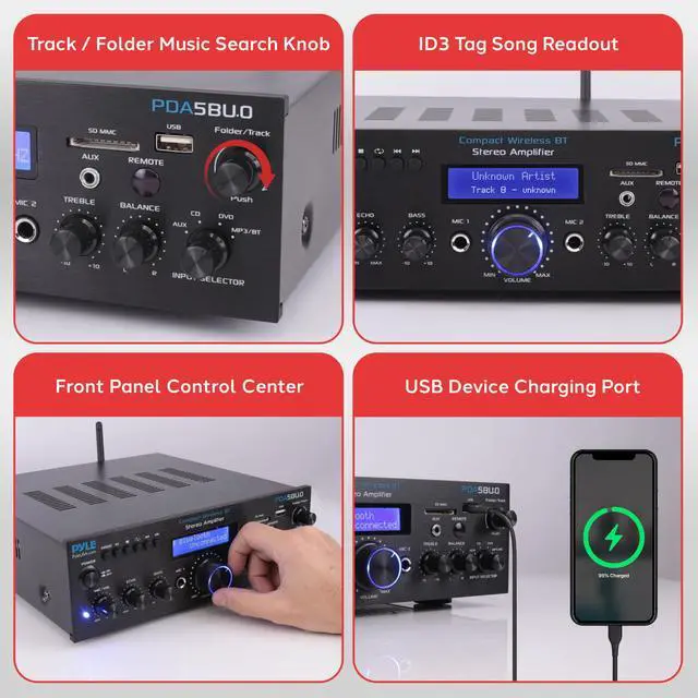 Alt view image 3 of 6 - 200W Audio Stereo Receiver - Wireless Bluetooth Power Amplifier Home Entertainment System w/ AUX in, USB Port, 2 Karaoke Microphone Input, Remote, Black - PDA5BU.0