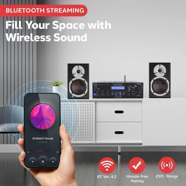 Alt view image 4 of 6 - 200W Audio Stereo Receiver - Wireless Bluetooth Power Amplifier Home Entertainment System w/ AUX in, USB Port, 2 Karaoke Microphone Input, Remote, Black - PDA5BU.0