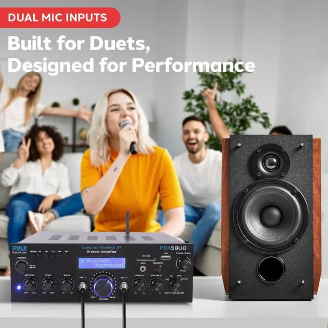 Alt view image 5 of 6 - 200W Audio Stereo Receiver - Wireless Bluetooth Power Amplifier Home Entertainment System w/ AUX in, USB Port, 2 Karaoke Microphone Input, Remote, Black - PDA5BU.0
