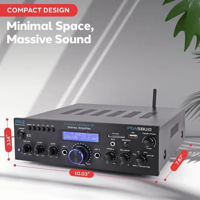 Alt view image 6 of 6 - 200W Audio Stereo Receiver - Wireless Bluetooth Power Amplifier Home Entertainment System w/ AUX in, USB Port, 2 Karaoke Microphone Input, Remote, Black - PDA5BU.0
