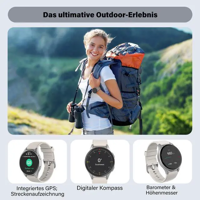Alt view image 3 of 6 - Smart Watch for Women, Built-in Alexa, GPS, HRV, VO2 Max, Blood Oxygen, Sleep & Stress Monitor, BT Calling, Compass, Altimeter, 1.32" AMOLED, Fitness & Womens Health, Waterproof, iPhone Compatible