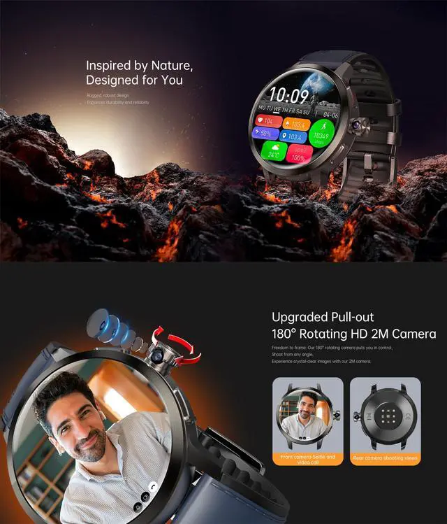 Alt view image 2 of 6 - 4G Smart Watch SL8541E Quad Core 2GB+16GB Rotating Camera Men Watch 1.75" AMOLED Large Screen Android 8.1 Smartwatch 1520mAh WiFi Bluetooth GPS Fitness Tracker Sport Watch (Black)