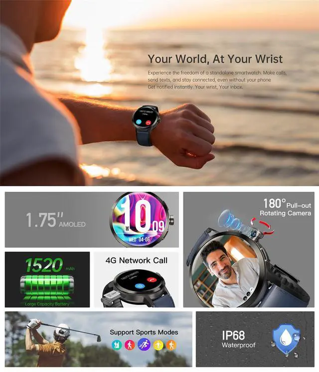 Alt view image 3 of 6 - 4G Smart Watch SL8541E Quad Core 2GB+16GB Rotating Camera Men Watch 1.75" AMOLED Large Screen Android 8.1 Smartwatch 1520mAh WiFi Bluetooth GPS Fitness Tracker Sport Watch (Black)