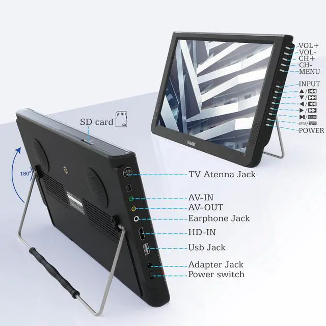 Alt view image 6 of 6 - 12inch Portable TV,Battery Powered TV with ATSC/HDMI/USB/SD Card/AV Input,Mini Television with Control &TV Stand for Camping,Car,Travel,Emergency(Black Stand)