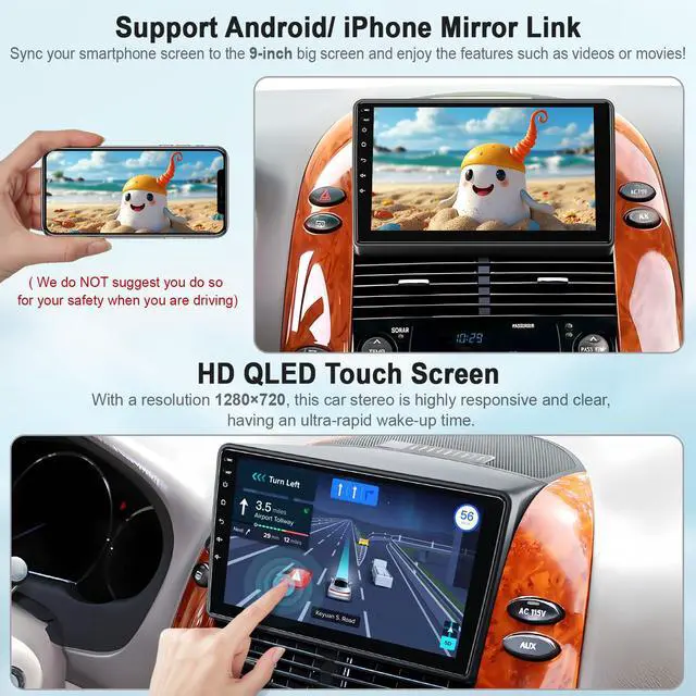 Alt view image 4 of 6 - Car Radio Stereo for Toyota Sienna 2004-2010 Without JBL Sound System, Support Wireless Carplay/Android Auto/Mirrorlink, 9 Inch QLED Touchscreen with Bluetooth,FM Radio