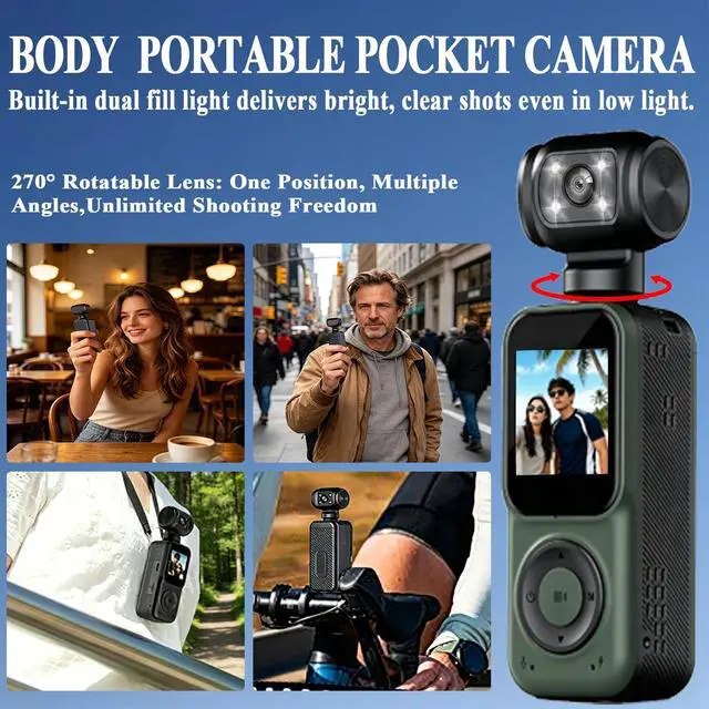 Alt view image 3 of 6 - Pocket Camera 4K Output 64GB, WiFi Body Cameras with Audio and Video Recording, Dual Light&7 Hour Battery (Green)