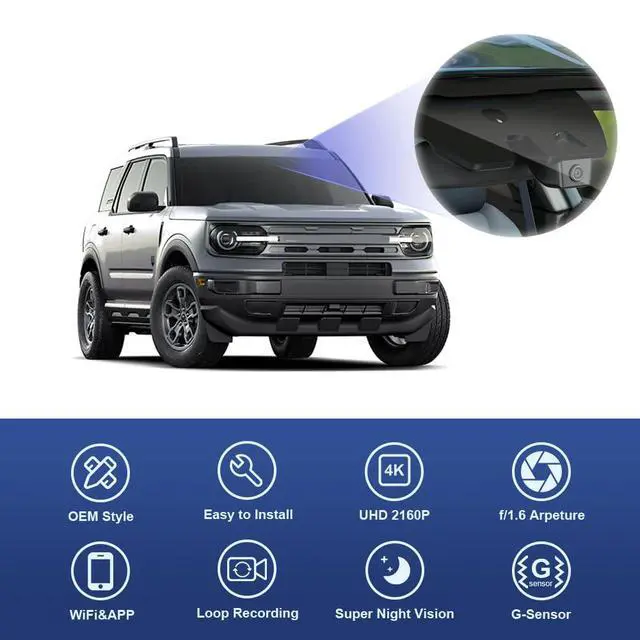 Alt view image 4 of 6 - 4K Dash Cam Suitable for Ford Bronco Sport 2021-2025 (HD2-D5500), 5 Pin Plug, OEM Factory Look, UHD 2160P Video, Built-in WiFi & APP, Loop Recording G-Sensor, Plug & Play, 64GB Card