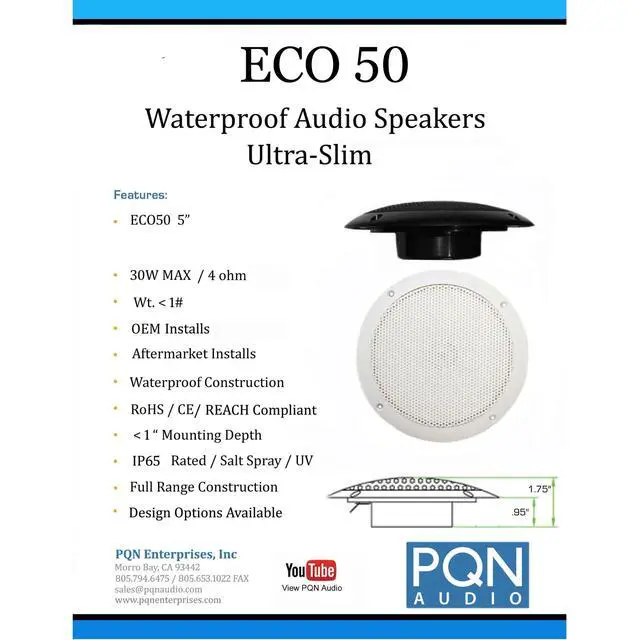 Alt view image 2 of 6 - ECO50-4W Waterproof Marine Speakers - RV, Camper, Boat, Wall and Floor Outdoor Speakers