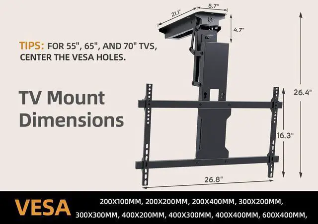 Alt view image 4 of 6 - Electric Ceiling TV Mount Electric Motorized Flip-Down Bracket with Remote Control, 32 to 70-Inch Flat & Curved Screens, Max VESA 600x400mm, Compatible with Flat and Pitched Roofs, Black