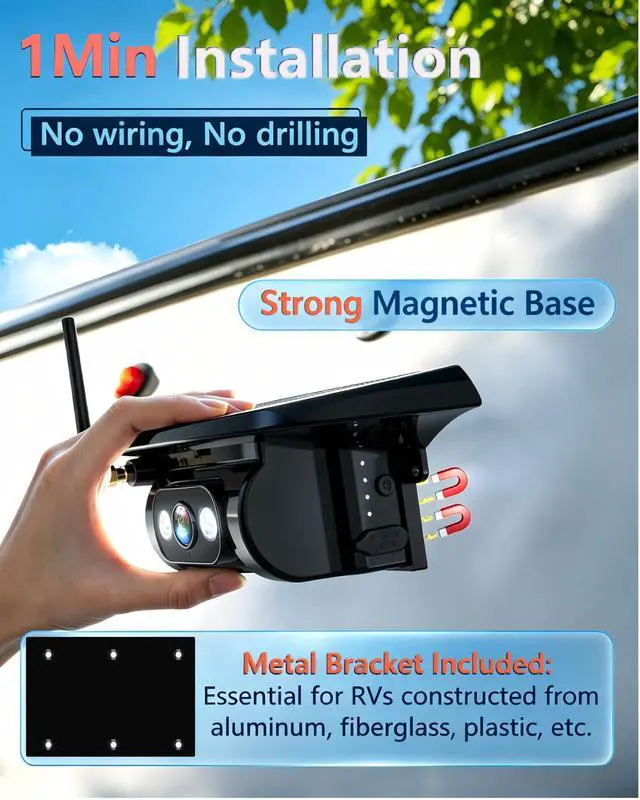Alt view image 3 of 6 - HD 1080P Dual Wireless Backup Camera: 1-Second Magnetic Easy Install RV Backup Camera with 7-inch Split-Screen DVR Monitor - 15200mAh Solar Battery, Up to 3-Day Trip for RV Camping & Travel Trailers