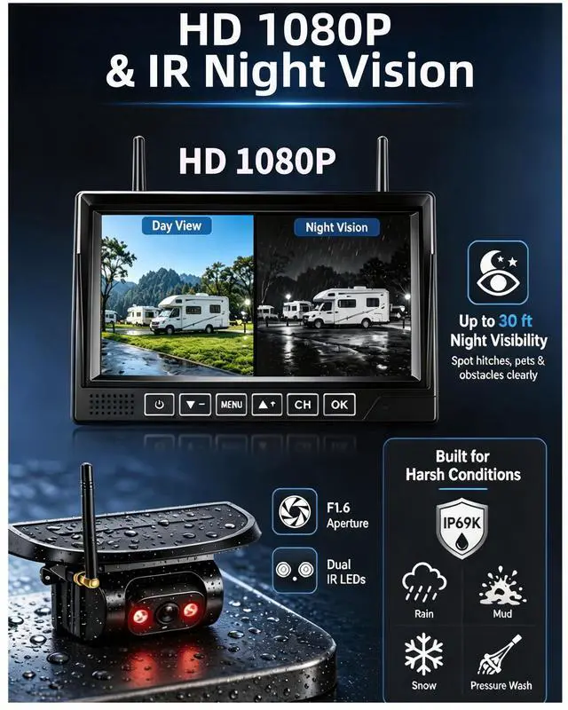 Alt view image 4 of 6 - HD 1080P Dual Wireless Backup Camera: 1-Second Magnetic Easy Install RV Backup Camera with 7-inch Split-Screen DVR Monitor - 15200mAh Solar Battery, Up to 3-Day Trip for RV Camping & Travel Trailers