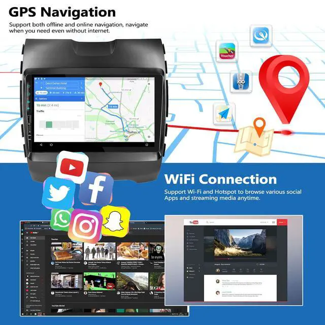 Alt view image 4 of 6 - 2G+64G Car Radio for Ford Edge 2015-2018 with Wireless CarPlay Andriod Auto Android 13 Head Unit 9" Touch Screen Car Stereo with GPS Navigation WiFi Bluetooth FM RDS Radio HD Backup Camera