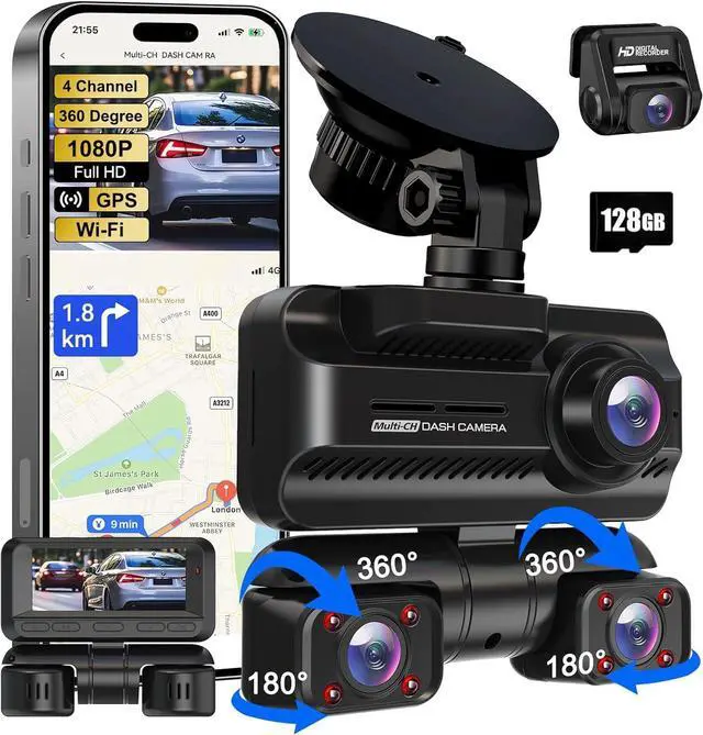 Main image of Dash Cam 4 Channels 360° Front Rear Inside DashCam, 4K Full HD Car Camera with 128G Card, Built-in Wi-Fi GPS, 3.18 IPS Screen, WDR Night Vision, 24H Parking Mode (Z700)