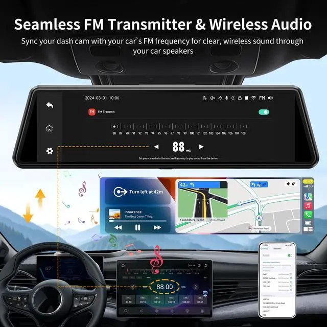 Alt view image 6 of 6 - C810 CarPlay Mirror Dash Cam Front and Rear - 2.5K Rear View Mirror Camera, HDR Night Vision, FM/Wireless Audio, DIY 10-Min Install, Extreme Temp Resistant for Snowbelt & Vintage Cars