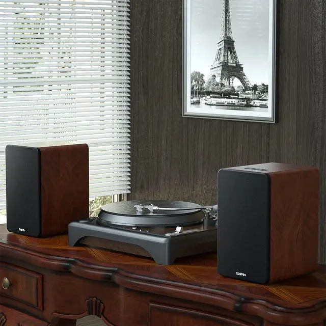 Alt view image 6 of 6 - Bluetooth Bookshelf Speakers for Record Player, Powered Studio Monitor Speaker with 5.2 Inch Woofer, Horn Tweeter and Optical RCA Inputs, Subwoofer Line Out for Turnable