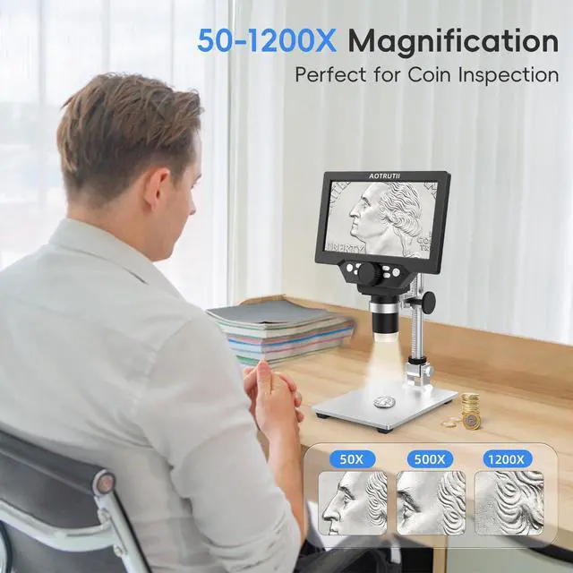 Alt view image 3 of 6 - 7" LCD Digital Microscope 1200X Magnification, 1080P Coin Microscope with Metal Stand | 8 LED Lights & Ultra-Precise Focus | Coin, Stamp, Windows/Mac Compatible