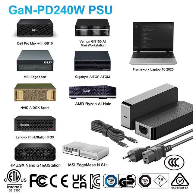 Alt view image 2 of 6 - 240W USB C Charger 48V/5A 36V/5A 180W GaN PD3.1 with Detachable USB-C Cable for Framework Laptop 16 (2025),HP ZGX Nano Al Station AI PC,NVIDIA DGX Spark,Thunderbolt 5 AI PC Gaming Laptop and More