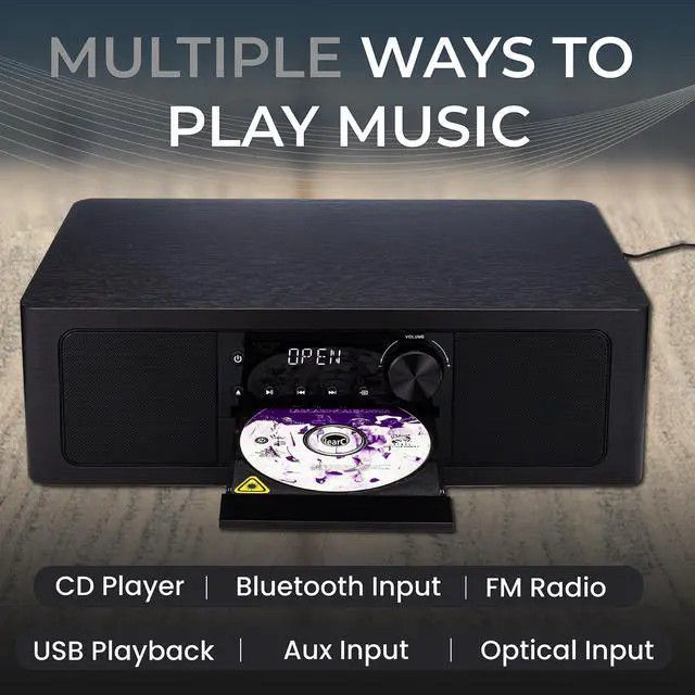 Alt view image 4 of 6 - Stereo Shelf System with CD Player, Bluetooth, FM Radio, USB Playback, Aux in, Optical in, Alarm Clock, & Remote Control