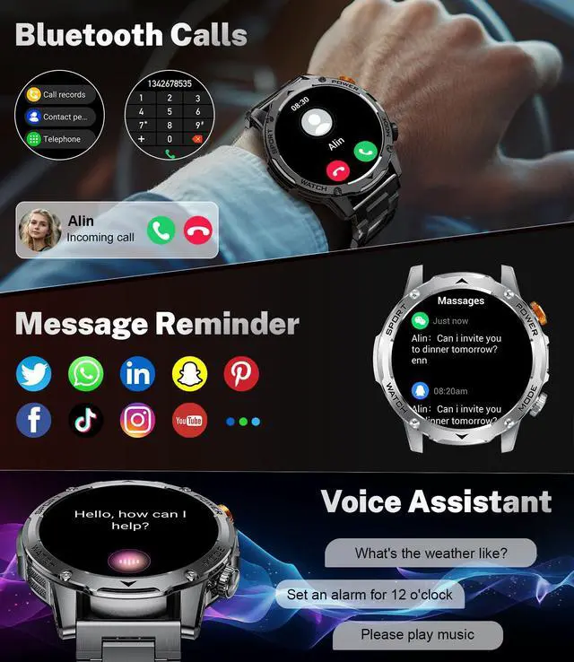Alt view image 4 of 6 - Military Smart Watches for Men(3 Bands),1000mAh/1.75" HD Large Screen Smartwatch, Flashlight/110+ Sports Modes/IP68 Waterproof/Sleep Monitor Fitness Tracker for Android iOS, Matte Black