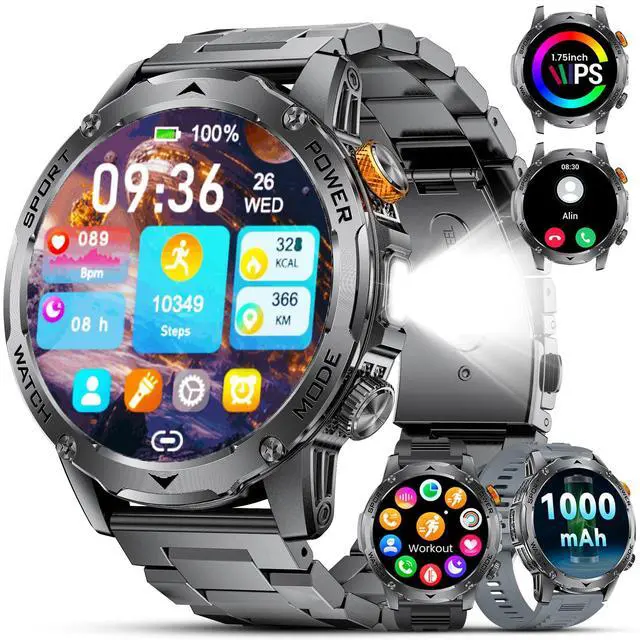 Main image of Military Smart Watches for Men(3 Bands),1000mAh/1.75" HD Large Screen Smartwatch, Flashlight/110+ Sports Modes/IP68 Waterproof/Sleep Monitor Fitness Tracker Watch for Android iOS,Gunmetal