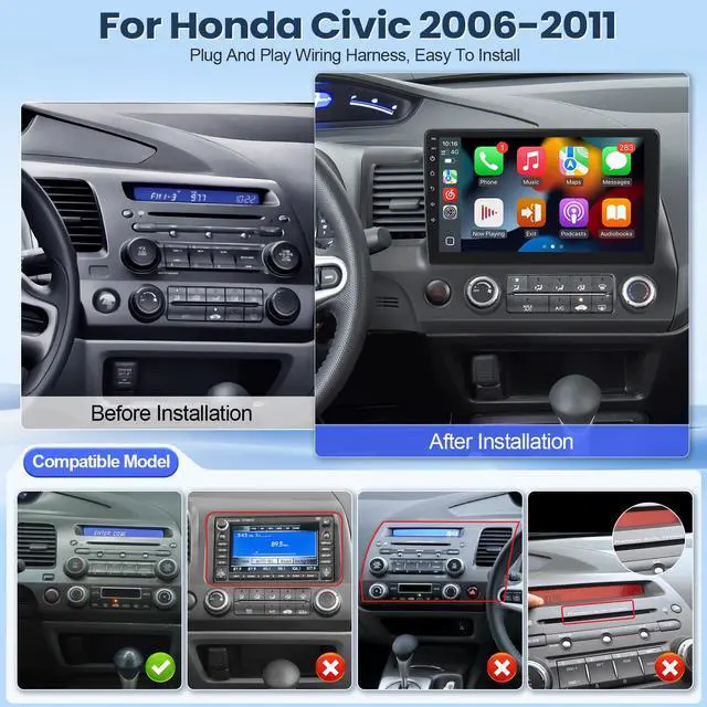 Alt view image 2 of 6 - 8 Core 4G+64G Car Radio for Honda Civic 2006-2011 Stereo with Wireless Carplay Android Auto, 10.1'' Touchscreen for Honda Civic GPS Navigation Bluetooth WiFi SWC Rear Camera Split Screen