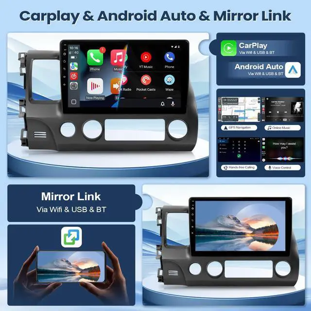 Alt view image 3 of 6 - 8 Core 4G+64G Car Radio for Honda Civic 2006-2011 Stereo with Wireless Carplay Android Auto, 10.1'' Touchscreen for Honda Civic GPS Navigation Bluetooth WiFi SWC Rear Camera Split Screen