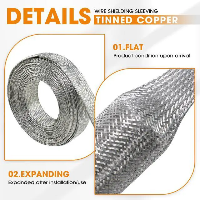 Alt view image 2 of 6 - Tinned Copper Wire Shielding Sleeve, Expandable Ground Strap Wiring Braided Sleeving Metal Mesh Sheathing Cabling Wiring Protector (5/8inch - 25ft)