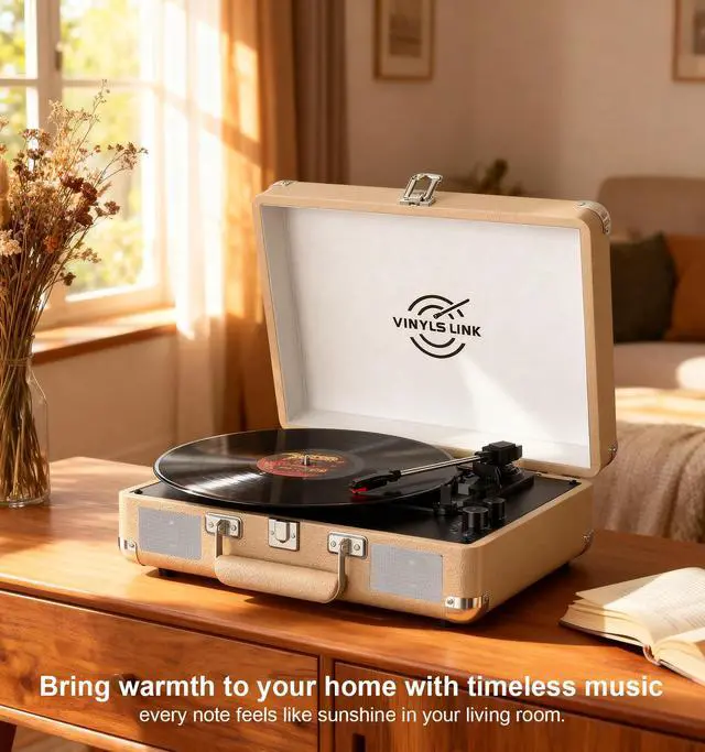 Alt view image 6 of 6 - VINYLSLINK Bluetooth Vinyl Record Player with Treble & Bass Adjustment, Vintage Portable Turntable Suitcase with Built-in Speakers, 3-Speed Belt Drive (33/45/78 RPM), Auto Stop, RCA/AUX/Headphone Jack