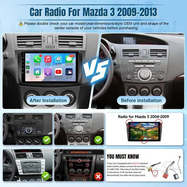 Alt view image 2 of 6 - 8Core Android 12 Car Radio for Mazda 3 2009 2010 2011 2012 2013, 9 inch IPS Touch Screen for Mazda 3 Stereo with CarPlay/Android Auto/Bluetooth/GPS/WiFi/Mirrorlink/Camera
