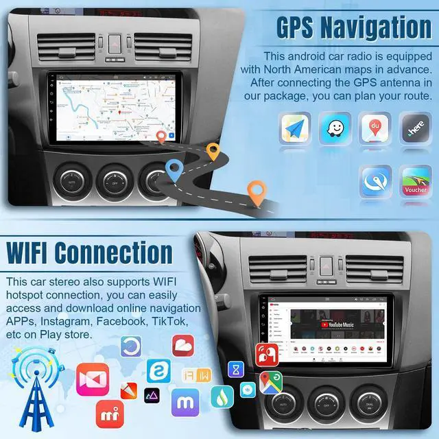 Alt view image 4 of 6 - 8Core Android 12 Car Radio for Mazda 3 2009 2010 2011 2012 2013, 9 inch IPS Touch Screen for Mazda 3 Stereo with CarPlay/Android Auto/Bluetooth/GPS/WiFi/Mirrorlink/Camera