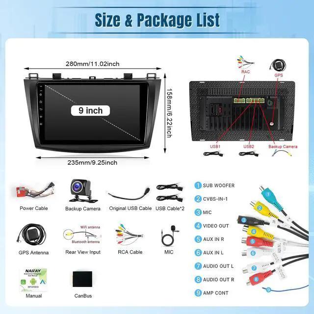 Alt view image 6 of 6 - 8Core Android 12 Car Radio for Mazda 3 2009 2010 2011 2012 2013, 9 inch IPS Touch Screen for Mazda 3 Stereo with CarPlay/Android Auto/Bluetooth/GPS/WiFi/Mirrorlink/Camera
