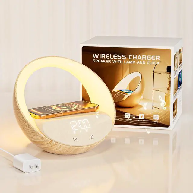 Main image of Bluetooth Alarm Clock, Sunrise Simulation Wake Up Night Light, 15W Fast Wireless Charging Alarm Clock for Bedroom, 10W Bluetooth Stereo Sound Speaker, USB Charger Port